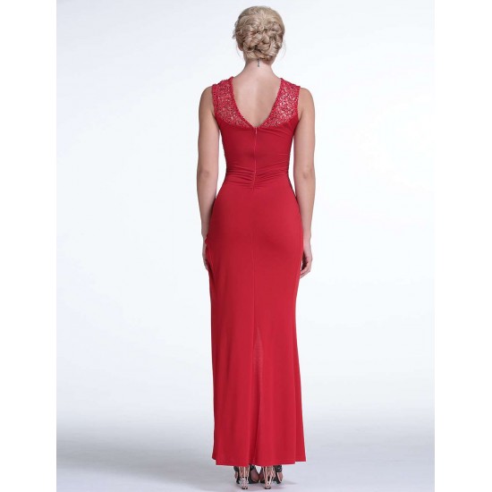 Elegant Red Side Lace Detail Ruched Dress