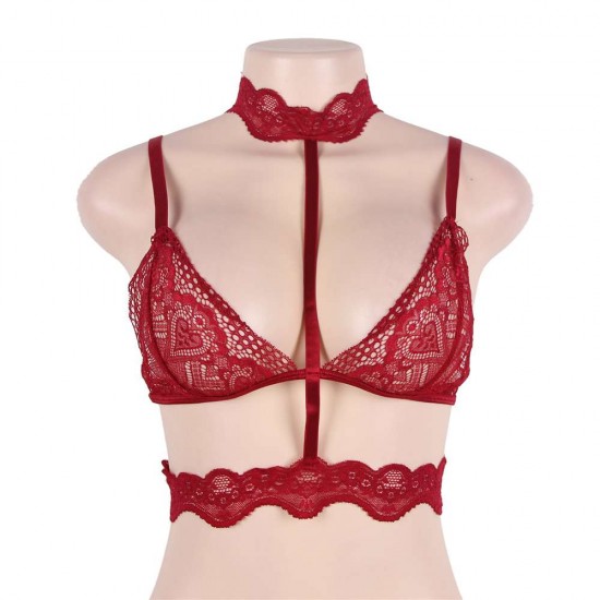 Wine Seductive Strappy Choker Lace Bra Lingerie