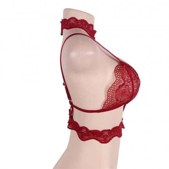 Wine Seductive Strappy Choker Lace Bra Lingerie