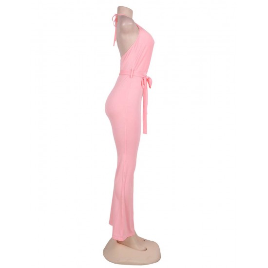 Pink Wide Leg Halter Jumpsuit