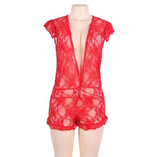 Red Lace Deep V Sexy Teddy