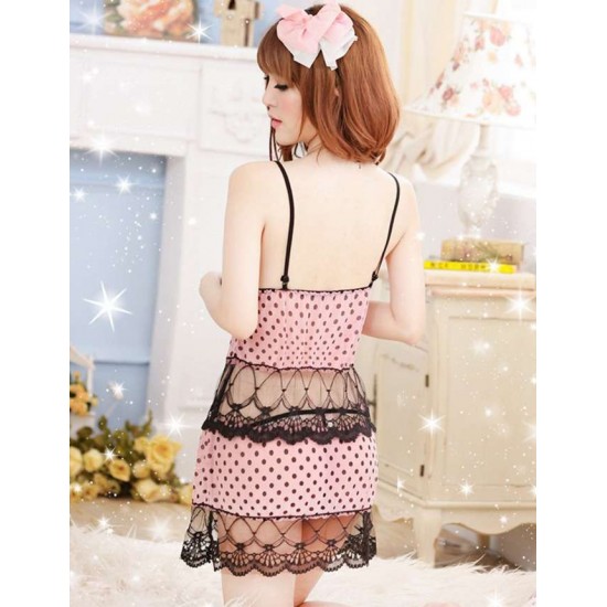 Sweet Polka Dots Lace Stitching Pink Babydoll