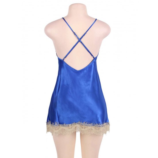 Deluxe Satin Lace Stitching Blue Babydoll