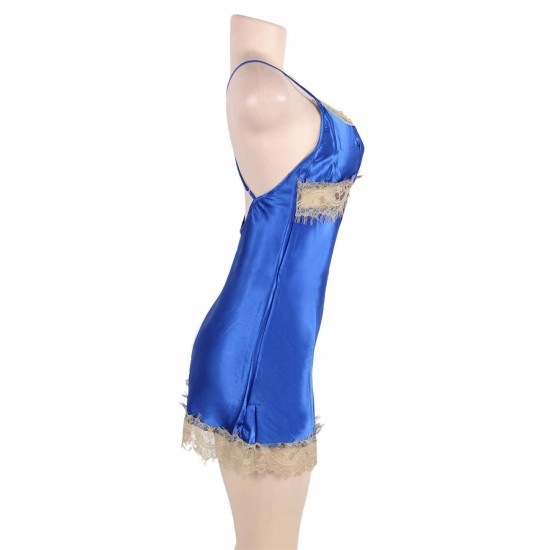 Deluxe Satin Lace Stitching Blue Babydoll