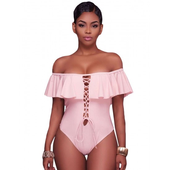 Pink Ruffle Off-The-Shoulder One Piece Swimsuit