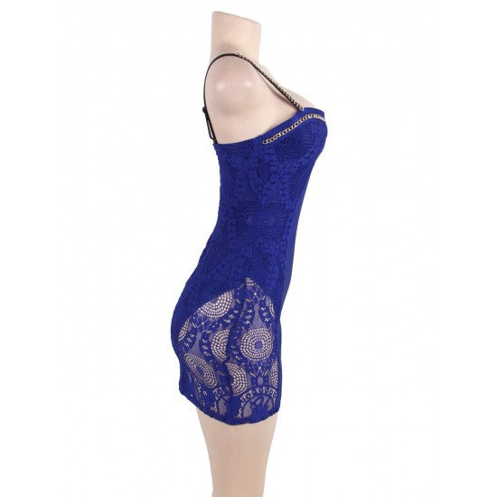 Plus Size Blue Lace Cami Knee Length Bodycon Dress