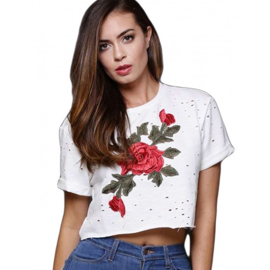 White Rose Embroidered Crop Top