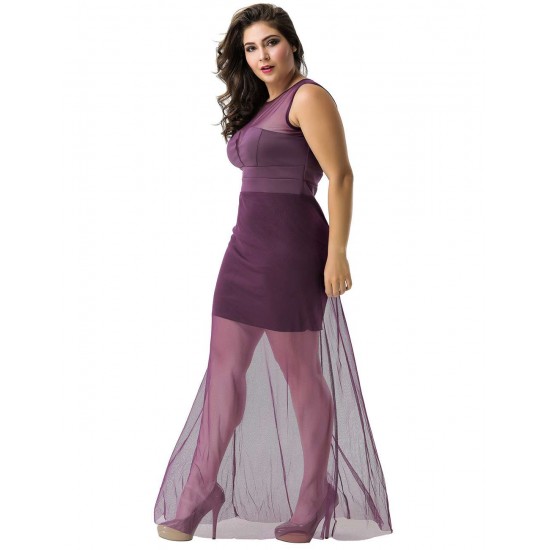 Plus Size Short Dress Sleeveless with Floor Length Sheer Overlay