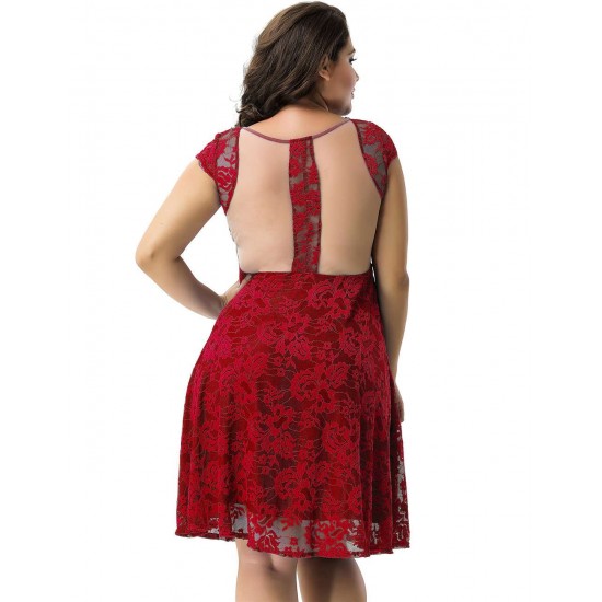 Plus Size Lace Elegant Round Neck Red Bodycon Dress