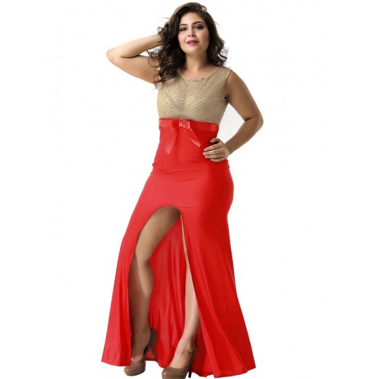 Plus Size Amazing Gold Lace Red Slit Evening Gown