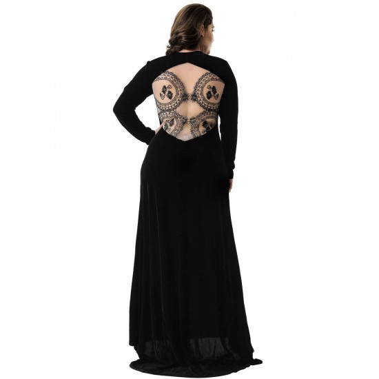 Plus Size Black Long Sleeve Pattern Back Sheer Prom Dress