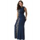 Plus Size Lace Panel Ruffle Dark Blue Maxi Dress