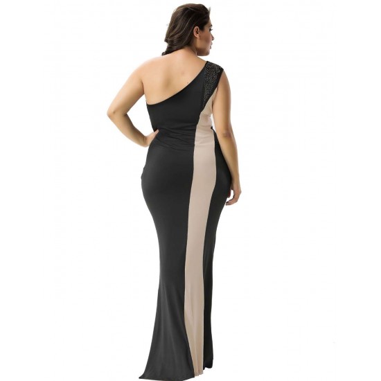 Plus Size Black And Nude One Shoulder Maxi Dress