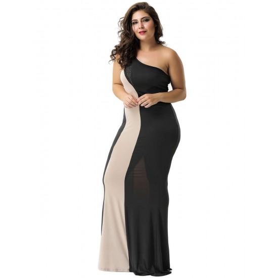 Plus Size Black And Nude One Shoulder Maxi Dress