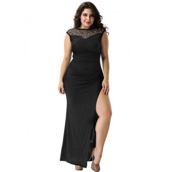 Plus Size Elegant Black Slit Side Ruched Dress