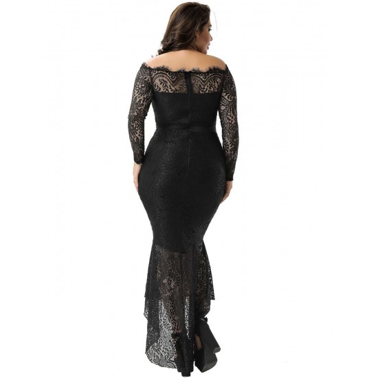 Plus Size Black Delicate Floral Lace Low Hem Evening Dress