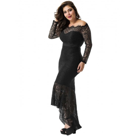 Plus Size Black Delicate Floral Lace Low Hem Evening Dress