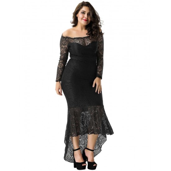 Plus Size Black Delicate Floral Lace Low Hem Evening Dress