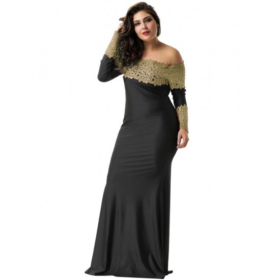 Plus Size Boat Neck Khaki Lace Evening Gown