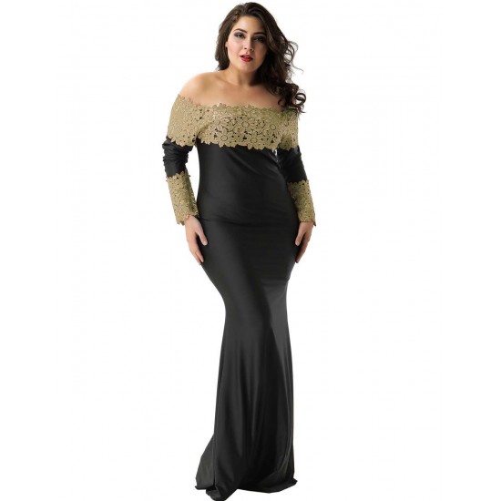 Plus Size Boat Neck Khaki Lace Evening Gown