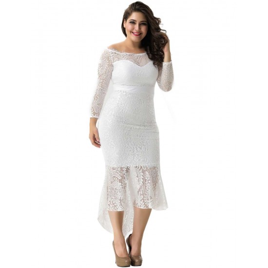 Plus Size Elegant Lace Hi-low White Evening Dress