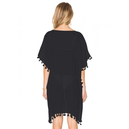 Black Pom Pom Tassel Hem Gauze Cover up