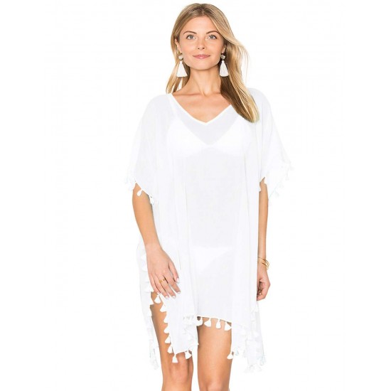 Pom Pom Tassel Hem White Gauze Cover up