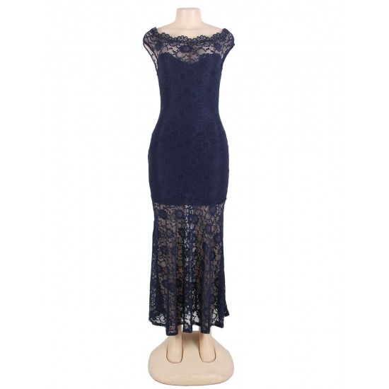 Dark Blue Lace Elegant Fishtail Party Gown For Women