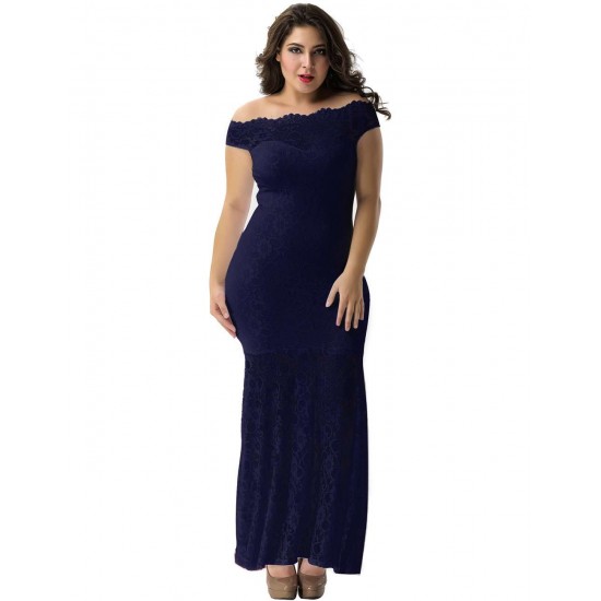 Plus Size Dark Blue Lace Elegant Party Gown