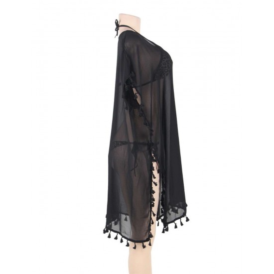 Black Pom Pom Tassel Hem Gauze Cover up