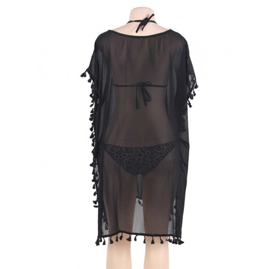 Black Pom Pom Tassel Hem Gauze Cover up