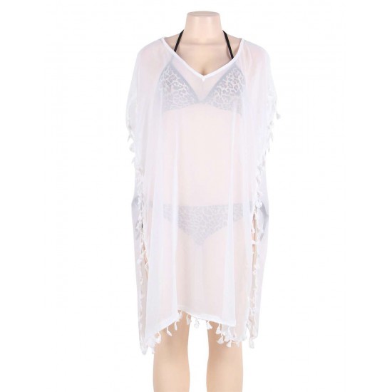 Pom Pom Tassel Hem White Gauze Cover up