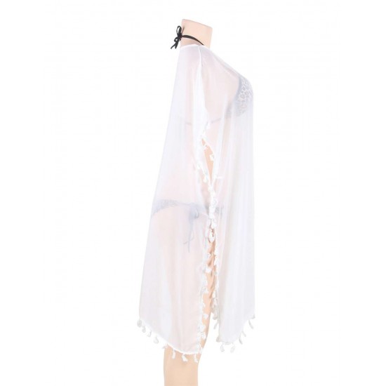 Pom Pom Tassel Hem White Gauze Cover up