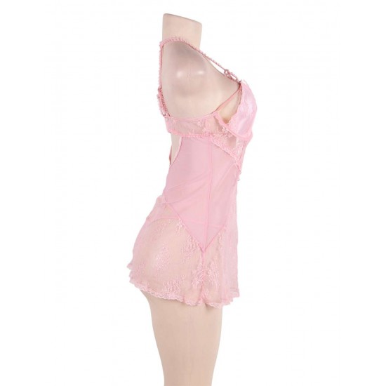 Seduction Pink Lace Transparente Halter Sexy Babydoll