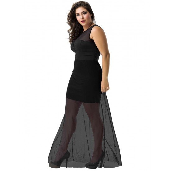 Plus Size Black Sleeveless Short Dress with Floor Length Sheer Overlay