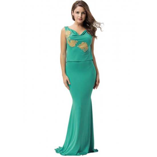 Green Elegant Embroidery Backless Sleeveless Party Gown