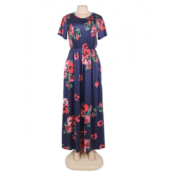 Plus Size Pocket Design Short Sleeve Navy Blue Floral Maxi Dress