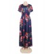 Plus Size Pocket Design Short Sleeve Navy Blue Floral Maxi Dress