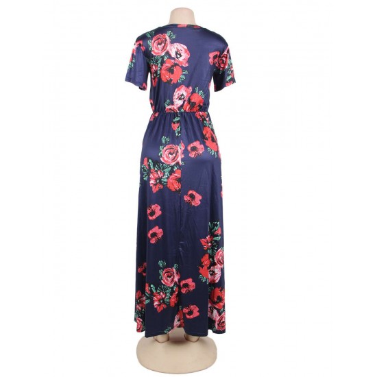 Plus Size Pocket Design Short Sleeve Navy Blue Floral Maxi Dress