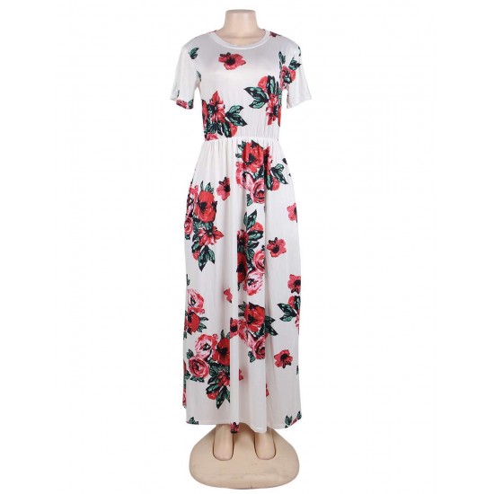 Short Sleeve Pocket Design White Floral Maxi Dress