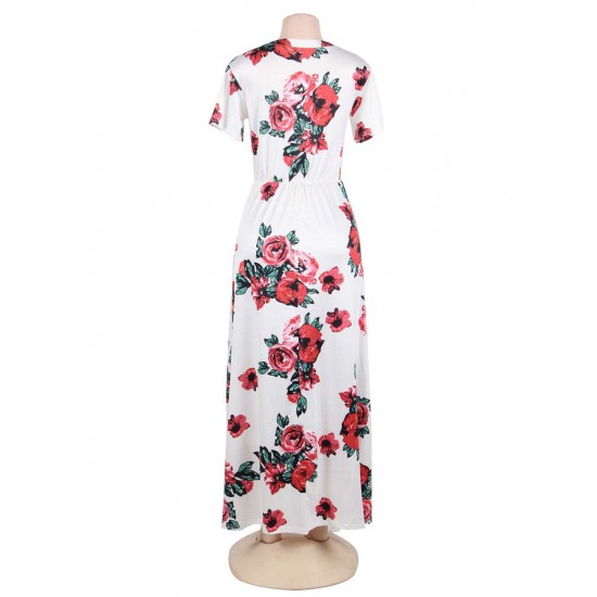 Short Sleeve Pocket Design White Floral Maxi Dress