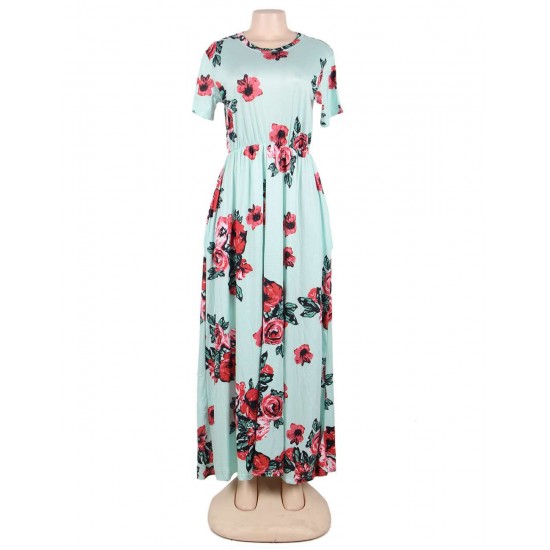 Plus Size Pocket Design Short Sleeve Mint Floral Maxi Dress