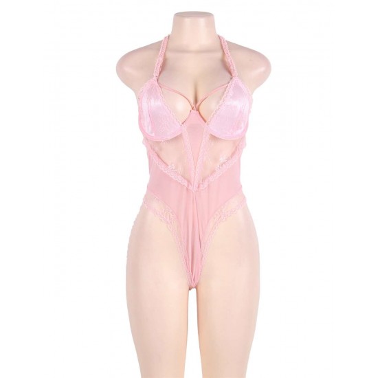 Plus Size Pink Seduction See Through Lace Sexy Teddy