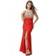 Amazing Gold Lace Red Slit Evening Gown