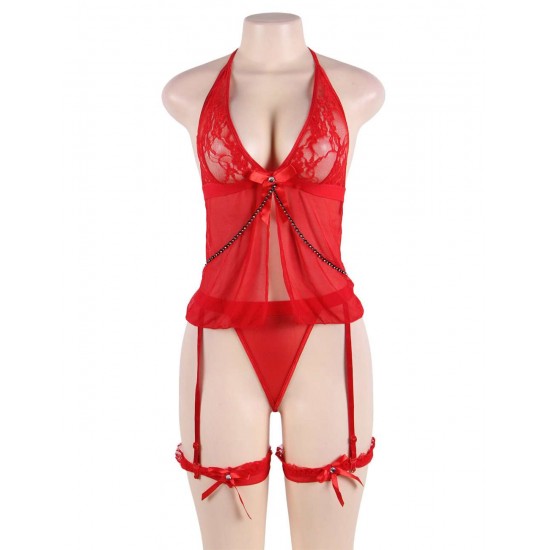 Red Sheer Tie Front  Mesh Babydoll Lingerie Set