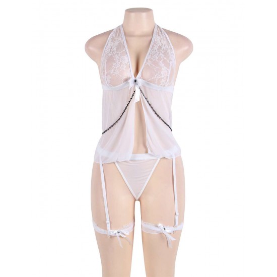 White Sheer Mesh Babydoll Lingerie Garter Set