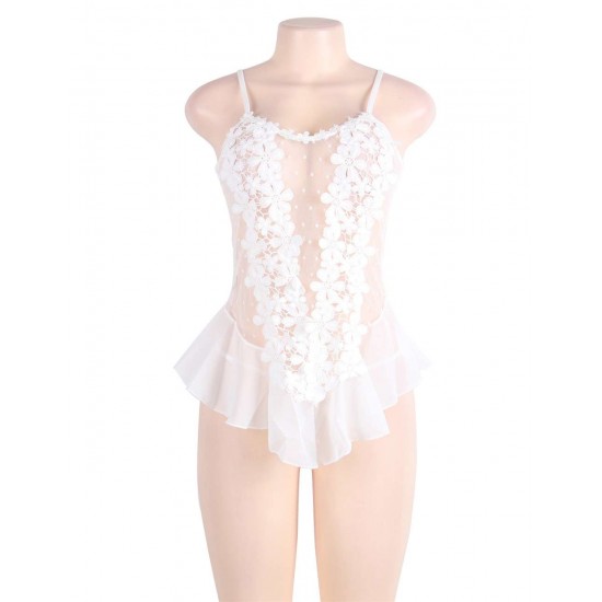 Dotted White Stereoscopic Flower Lace Babydoll