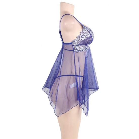 Blue Sheer Mesh Babydoll Lingerie With G String 