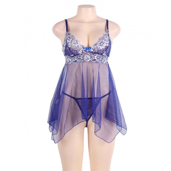 Plus Size Blue Sheer Mesh Babydoll Lingerie Set