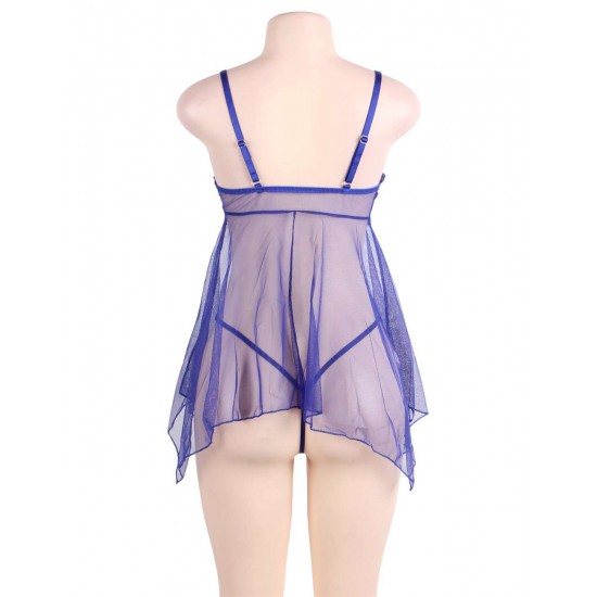 Plus Size Blue Sheer Mesh Babydoll Lingerie Set